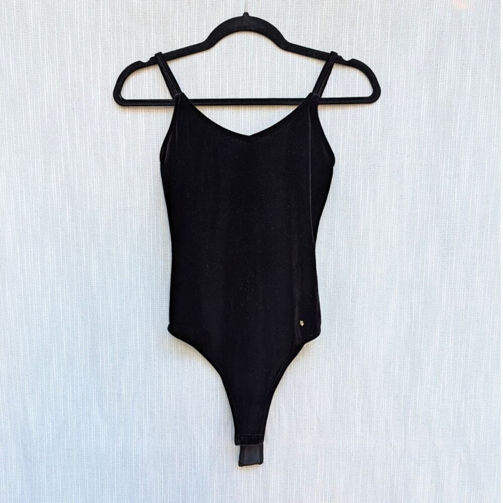 Anine Bing Alissa Bodysuit Womens Black Velour Logo Scoop Sleeveless Minimalist - Picture 2 of 8